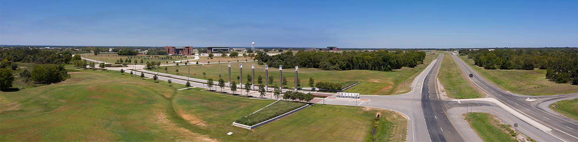 Panoramic photo of the entrance to Rellis Campus in Bryan.